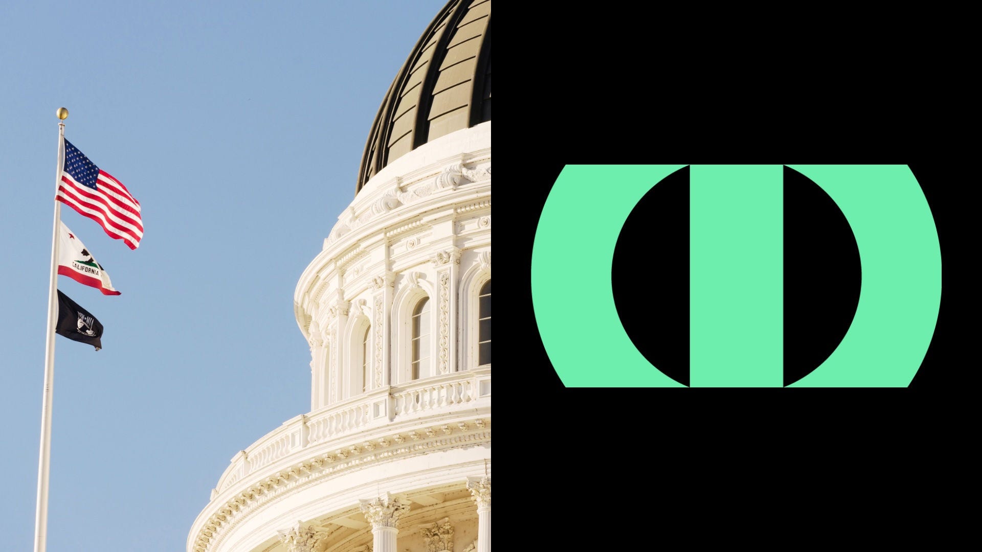 Banner image for the California AI Transparency Act article showing the California State Capitol dome and U.S., California, and POW/MIA flags on the left, alongside a black panel with a mint-green abstract graphic on the right.
