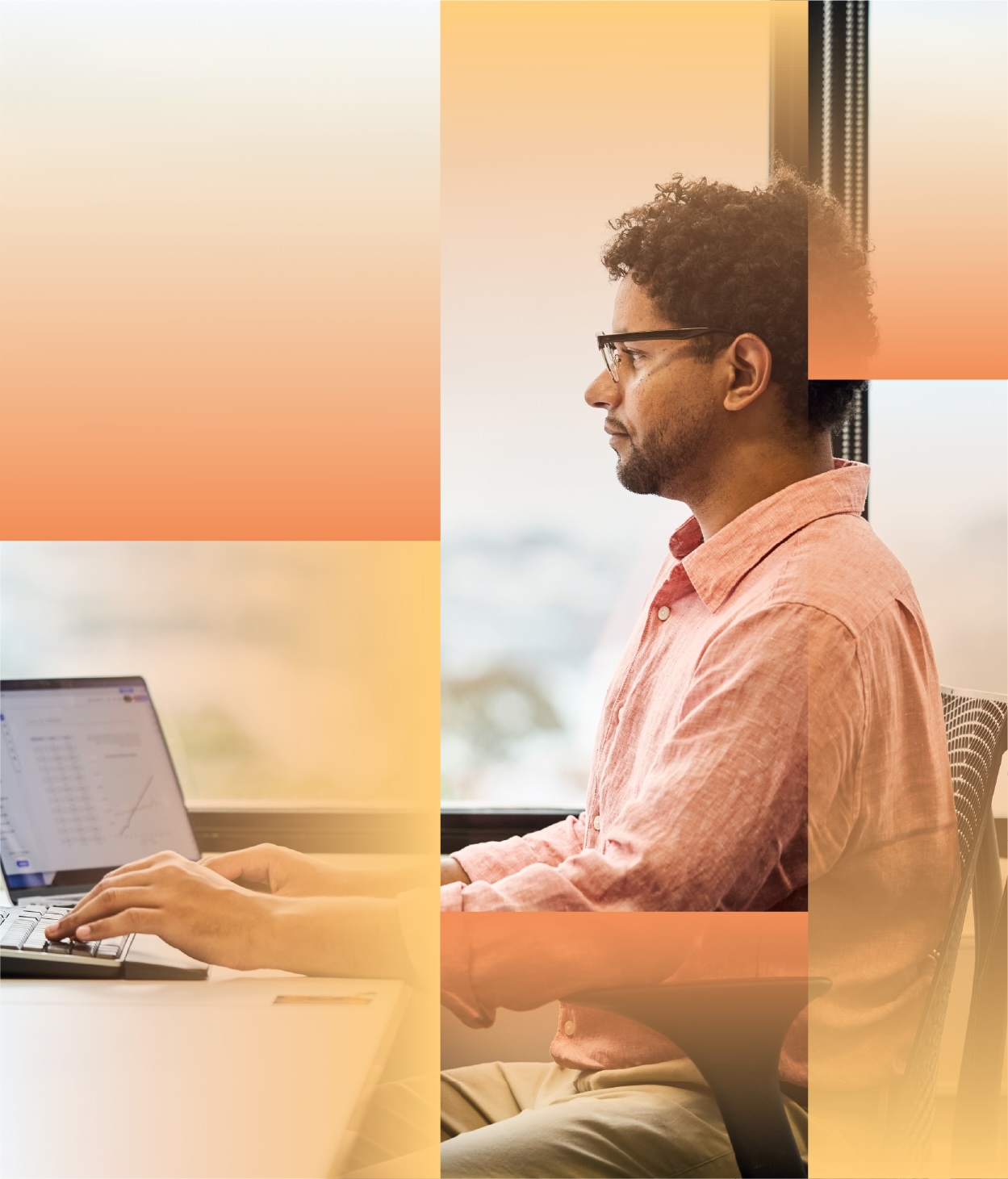 Person seated at a desk in a modern office, working at a computer workstation with multiple monitors and a laptop near a large window, with warm-toned graphic overlays across the image.